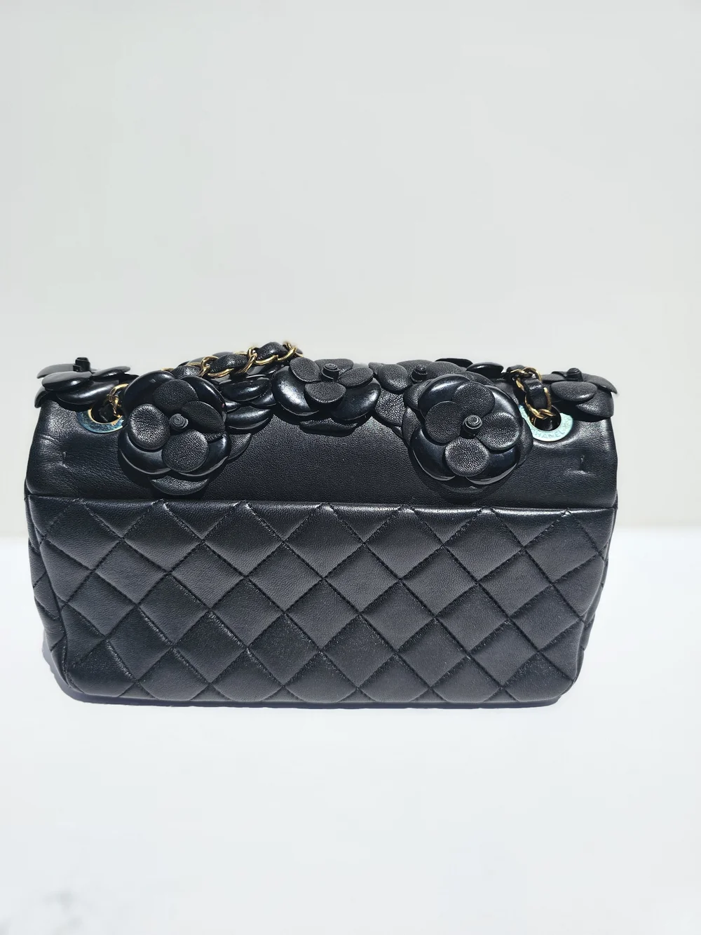 Auth Chanel black leather 3d camellia medium flap bag htf